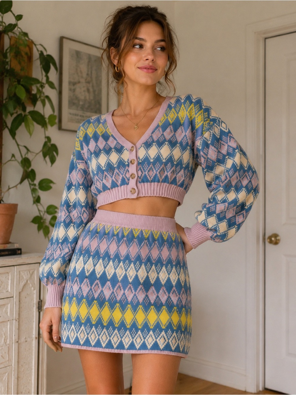 Free People XS Argyle Knit Sweater Skirt Set Blue Pink Crop Cardigan Boho